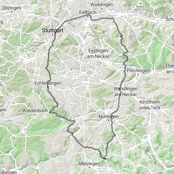 Karten-Miniaturansicht der Radinspiration "Fellbach Loop" in Tübingen, Germany. Erstellt vom Tarmacs.app-Routenplaner für Radtouren
