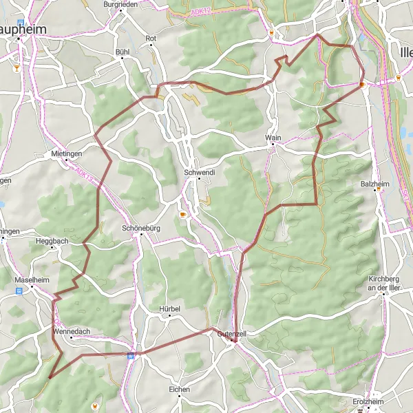 Map miniature of "Gravel Adventure" cycling inspiration in Tübingen, Germany. Generated by Tarmacs.app cycling route planner