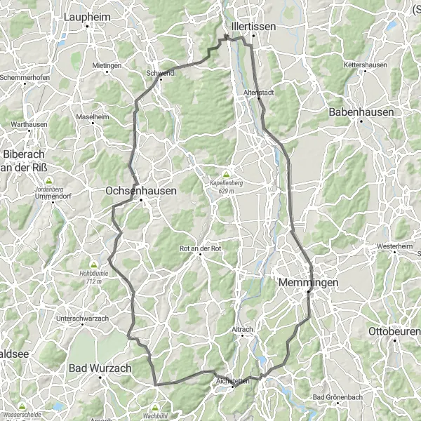 Map miniature of "Altenstadt Adventure" cycling inspiration in Tübingen, Germany. Generated by Tarmacs.app cycling route planner