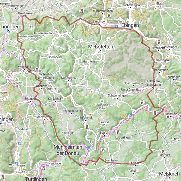 Map miniature of "Gravel Adventure Circuit" cycling inspiration in Tübingen, Germany. Generated by Tarmacs.app cycling route planner