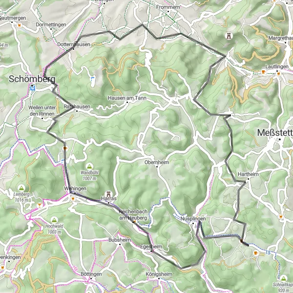 Karten-Miniaturansicht der Radinspiration "Rund um den Nusplinger Platte" in Tübingen, Germany. Erstellt vom Tarmacs.app-Routenplaner für Radtouren