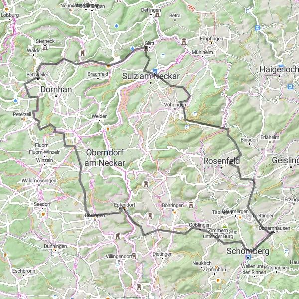 Karten-Miniaturansicht der Radinspiration "Die Burgen und Dörfer Rundtour" in Tübingen, Germany. Erstellt vom Tarmacs.app-Routenplaner für Radtouren