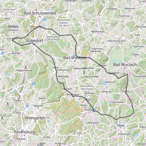 Karten-Miniaturansicht der Radinspiration "Radtour durch Michelwinnaden und Aulendorf" in Tübingen, Germany. Erstellt vom Tarmacs.app-Routenplaner für Radtouren