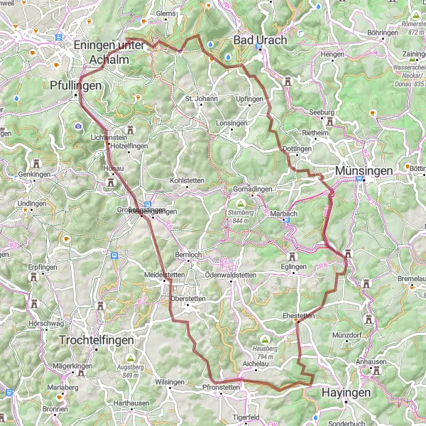 Map miniature of "The Achalm Gravel Adventure" cycling inspiration in Tübingen, Germany. Generated by Tarmacs.app cycling route planner