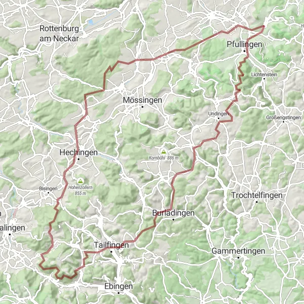 Map miniature of "The Hohenzollern Loop" cycling inspiration in Tübingen, Germany. Generated by Tarmacs.app cycling route planner