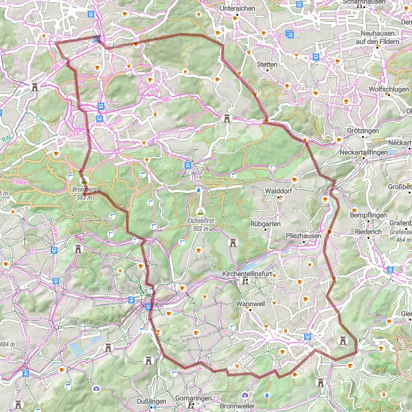 Map miniature of "The Schillerhöhe Gravel Trail" cycling inspiration in Tübingen, Germany. Generated by Tarmacs.app cycling route planner