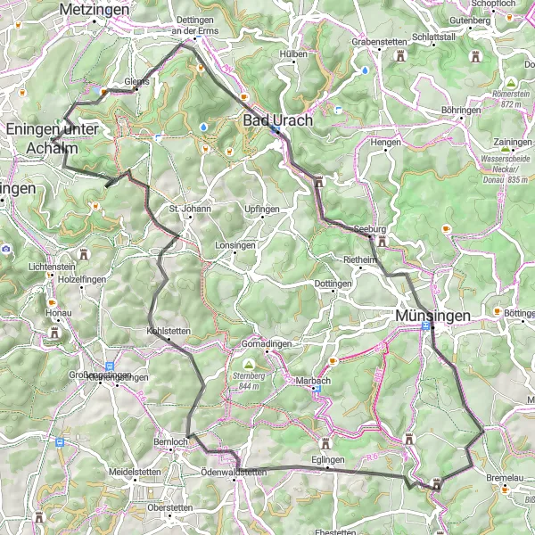 Map miniature of "Dettingen Panorama Road" cycling inspiration in Tübingen, Germany. Generated by Tarmacs.app cycling route planner