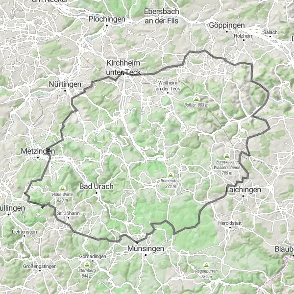 Map miniature of "The Tübingen Road Challenge" cycling inspiration in Tübingen, Germany. Generated by Tarmacs.app cycling route planner