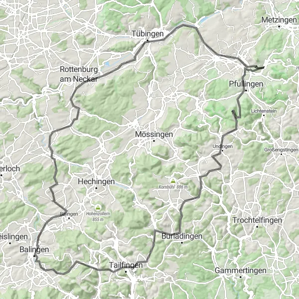 Map miniature of "The Achalm Loop: From Eningen unter Achalm to Tübingen and Back" cycling inspiration in Tübingen, Germany. Generated by Tarmacs.app cycling route planner