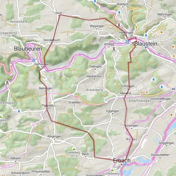 Karten-Miniaturansicht der Radinspiration "Rundfahrt um Erbach" in Tübingen, Germany. Erstellt vom Tarmacs.app-Routenplaner für Radtouren