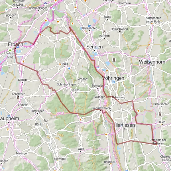 Karten-Miniaturansicht der Radinspiration "Erlebnisreiche Gravel-Tour durch die Region Illerkirchberg" in Tübingen, Germany. Erstellt vom Tarmacs.app-Routenplaner für Radtouren