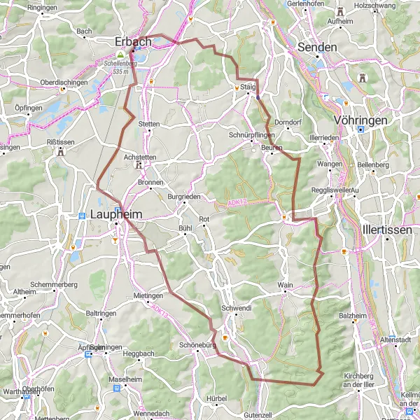 Karten-Miniaturansicht der Radinspiration "Graveltour von Erbach nach Schellenberg" in Tübingen, Germany. Erstellt vom Tarmacs.app-Routenplaner für Radtouren