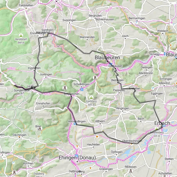 Karten-Miniaturansicht der Radinspiration "Rundweg von Erbach über Heroldstatt" in Tübingen, Germany. Erstellt vom Tarmacs.app-Routenplaner für Radtouren