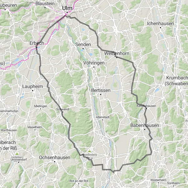 Karten-Miniaturansicht der Radinspiration "Historische Rundfahrt von Neu-Ulm bis Schloss Erbach" in Tübingen, Germany. Erstellt vom Tarmacs.app-Routenplaner für Radtouren