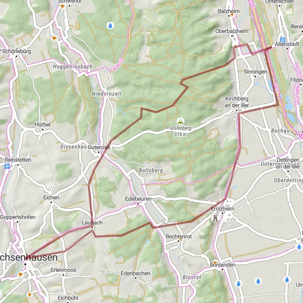 Map miniature of "Grafenberg and Aussichtsplattform Loop" cycling inspiration in Tübingen, Germany. Generated by Tarmacs.app cycling route planner