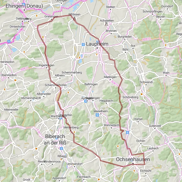Map miniature of "Ochsenhausen and Laupheim Loop" cycling inspiration in Tübingen, Germany. Generated by Tarmacs.app cycling route planner