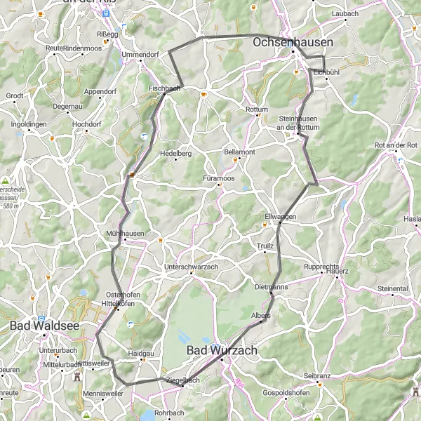 Map miniature of "Ride through Bad Wurzach and Beyond" cycling inspiration in Tübingen, Germany. Generated by Tarmacs.app cycling route planner
