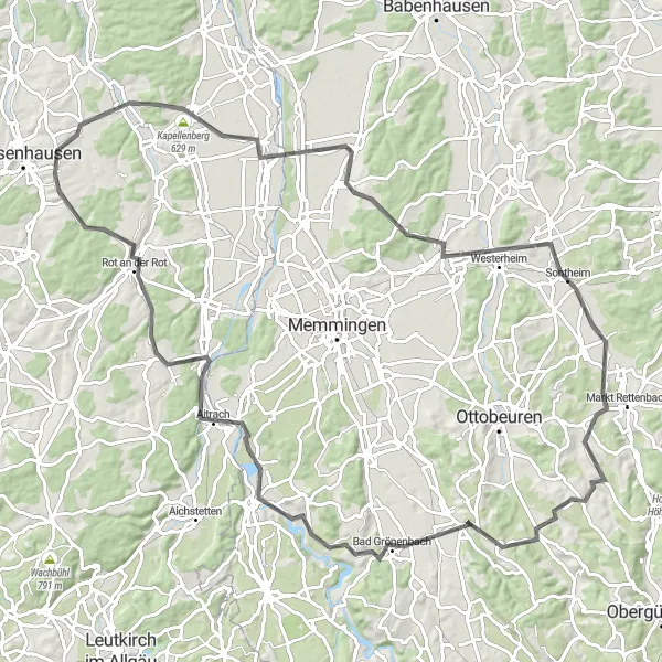 Map miniature of "Holzgünz and Böhen Loop" cycling inspiration in Tübingen, Germany. Generated by Tarmacs.app cycling route planner
