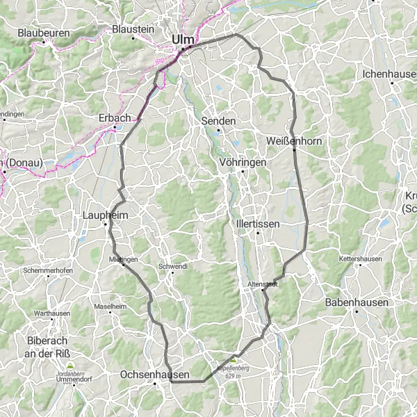 Map miniature of "The Ulm Adventure Loop" cycling inspiration in Tübingen, Germany. Generated by Tarmacs.app cycling route planner