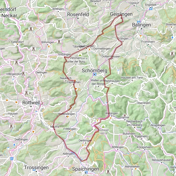 Map miniature of "Gravel Adventure to Geislingen" cycling inspiration in Tübingen, Germany. Generated by Tarmacs.app cycling route planner