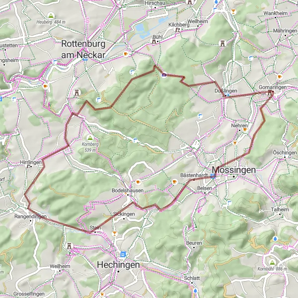 Karten-Miniaturansicht der Radinspiration "Hügeliges Gravel-Abenteuer um Gomaringen" in Tübingen, Germany. Erstellt vom Tarmacs.app-Routenplaner für Radtouren