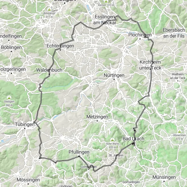 Karten-Miniaturansicht der Radinspiration "Schwäbische Alb und Neckartal-Rundtour" in Tübingen, Germany. Erstellt vom Tarmacs.app-Routenplaner für Radtouren