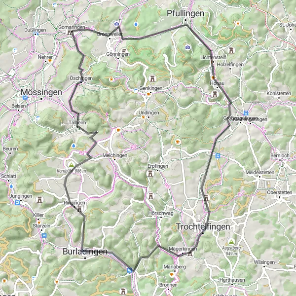 Map miniature of "Lichtenstein Castle and Water Divide Route" cycling inspiration in Tübingen, Germany. Generated by Tarmacs.app cycling route planner