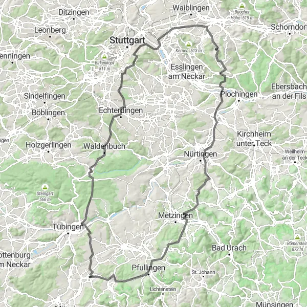 Map miniature of "The Scenic Road Journey" cycling inspiration in Tübingen, Germany. Generated by Tarmacs.app cycling route planner