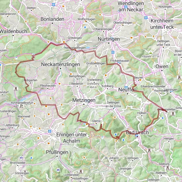 Map miniature of "The Albpanorama Gravel Adventure" cycling inspiration in Tübingen, Germany. Generated by Tarmacs.app cycling route planner