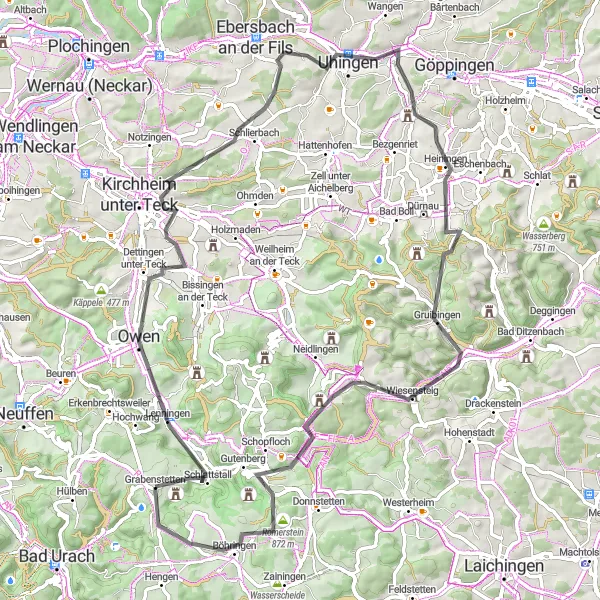 Map miniature of "Wiesensteig Road Discovery" cycling inspiration in Tübingen, Germany. Generated by Tarmacs.app cycling route planner