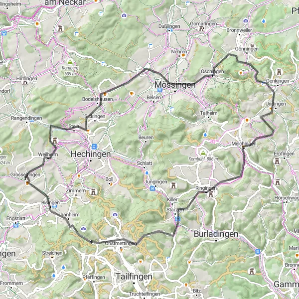 Map miniature of "The Road Cycling Delight of Grosselfingen" cycling inspiration in Tübingen, Germany. Generated by Tarmacs.app cycling route planner