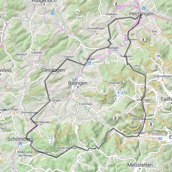 Map miniature of "Scenic Road Adventure through the Swabian Jura" cycling inspiration in Tübingen, Germany. Generated by Tarmacs.app cycling route planner