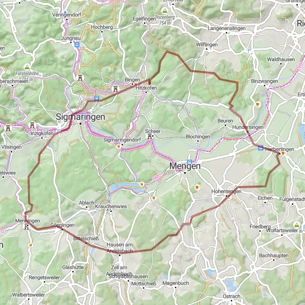 Karten-Miniaturansicht der Radinspiration "Hohentengen und Amalienfelsen Runde" in Tübingen, Germany. Erstellt vom Tarmacs.app-Routenplaner für Radtouren