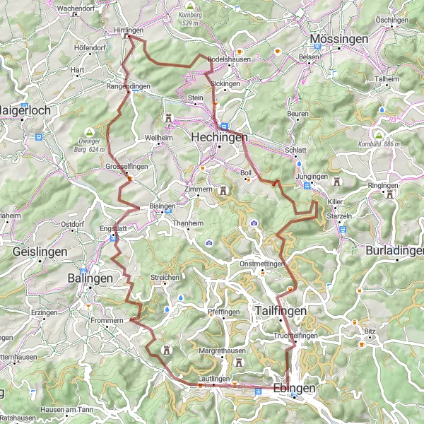 Map miniature of "Hirrlingen Gravel Escape via Hohenstöffel" cycling inspiration in Tübingen, Germany. Generated by Tarmacs.app cycling route planner
