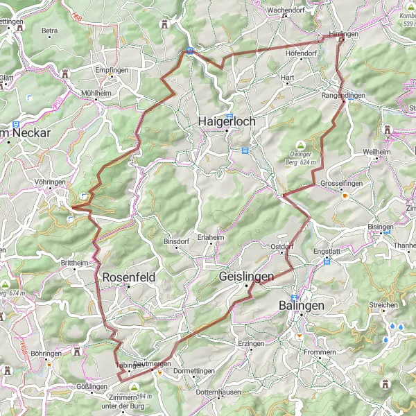 Map miniature of "Hirrlingen Gravel Adventure via Rangendingen" cycling inspiration in Tübingen, Germany. Generated by Tarmacs.app cycling route planner