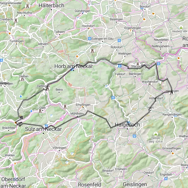 Map miniature of "Hirrlingen Loop via Kapf mit Kreuz" cycling inspiration in Tübingen, Germany. Generated by Tarmacs.app cycling route planner