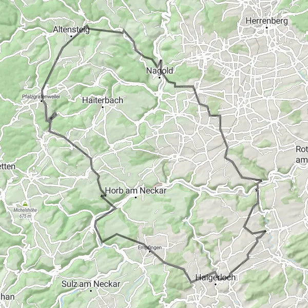 Map miniature of "Hirrlingen Grand Loop via Kapf mit Kreuz" cycling inspiration in Tübingen, Germany. Generated by Tarmacs.app cycling route planner