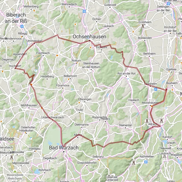 Map miniature of "Aspen and the Rot River Gravel Route" cycling inspiration in Tübingen, Germany. Generated by Tarmacs.app cycling route planner