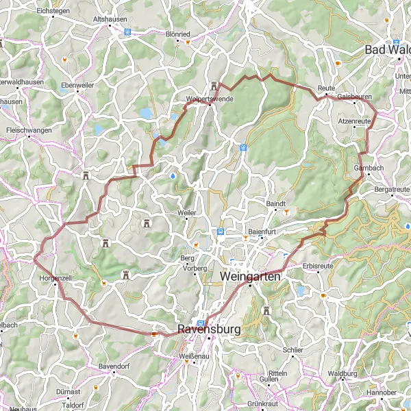 Karten-Miniaturansicht der Radinspiration "Entdecke die Natur: Gravel-Tour durch Wolpertswende und Weingarten" in Tübingen, Germany. Erstellt vom Tarmacs.app-Routenplaner für Radtouren