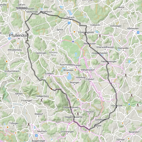 Karten-Miniaturansicht der Radinspiration "Rund um Horgenzell - Deggenhausen Route" in Tübingen, Germany. Erstellt vom Tarmacs.app-Routenplaner für Radtouren