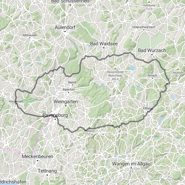Karten-Miniaturansicht der Radinspiration "Epische 101 km Runde ab Horgenzell" in Tübingen, Germany. Erstellt vom Tarmacs.app-Routenplaner für Radtouren