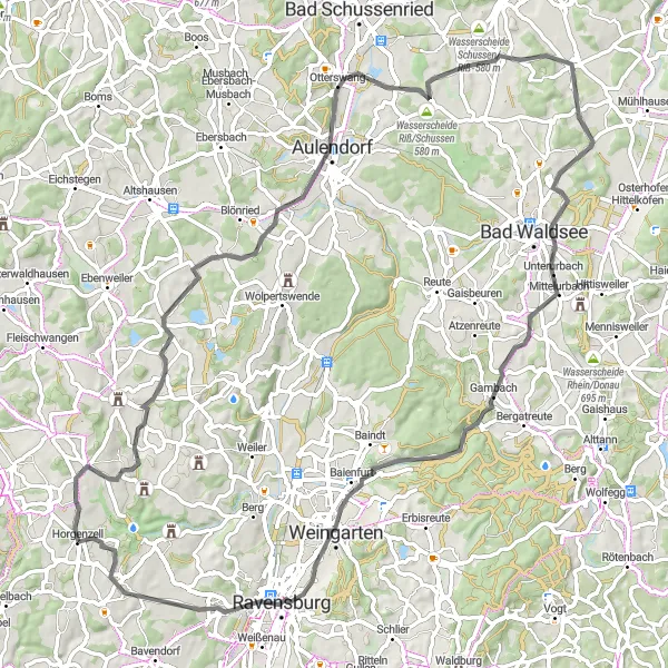 Karten-Miniaturansicht der Radinspiration "Entdeckungsreise von Horgenzell nach Wippenreute" in Tübingen, Germany. Erstellt vom Tarmacs.app-Routenplaner für Radtouren