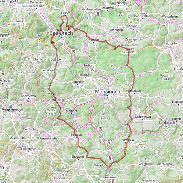 Karten-Miniaturansicht der Radinspiration "Abenteuerliche Schotterrunde durch die Natur um Hülben" in Tübingen, Germany. Erstellt vom Tarmacs.app-Routenplaner für Radtouren