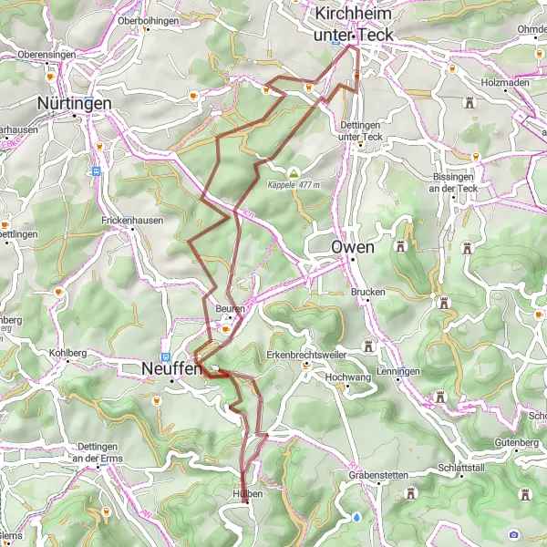 Karten-Miniaturansicht der Radinspiration "Gravel-Abenteuer um Hülben" in Tübingen, Germany. Erstellt vom Tarmacs.app-Routenplaner für Radtouren