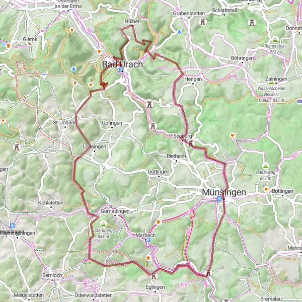 Map miniature of "Discovering Münsingen" cycling inspiration in Tübingen, Germany. Generated by Tarmacs.app cycling route planner