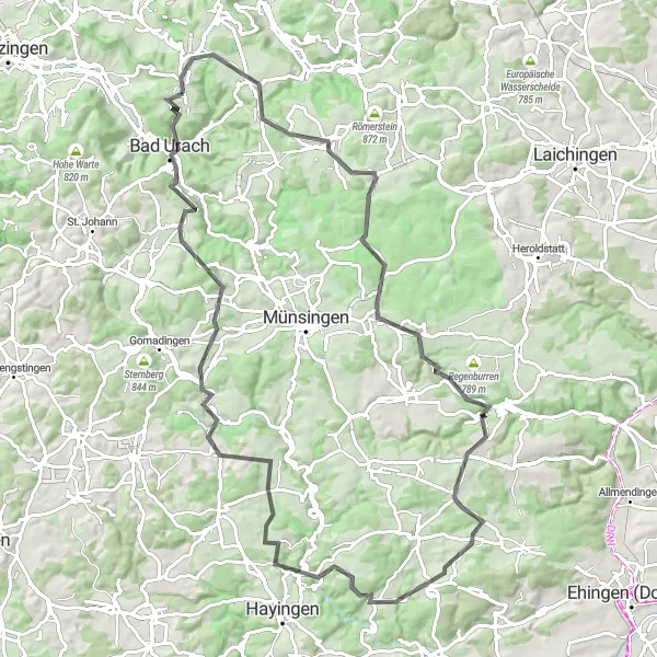 Map miniature of "Discover the Swabian Alps: Grabenstetten Loop" cycling inspiration in Tübingen, Germany. Generated by Tarmacs.app cycling route planner