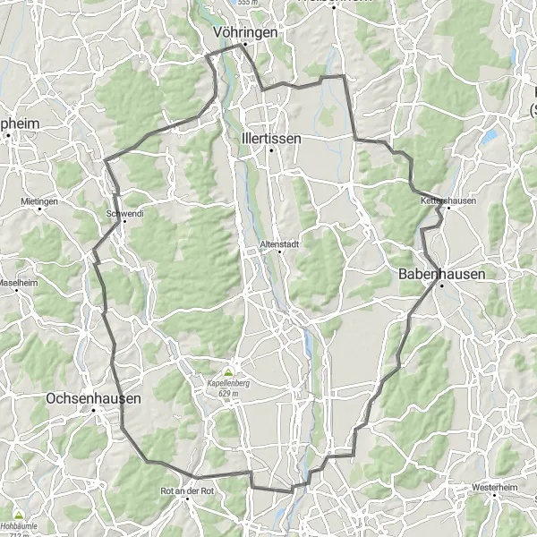 Karten-Miniaturansicht der Radinspiration "Bellenberg - Weihungszell Rundtour" in Tübingen, Germany. Erstellt vom Tarmacs.app-Routenplaner für Radtouren
