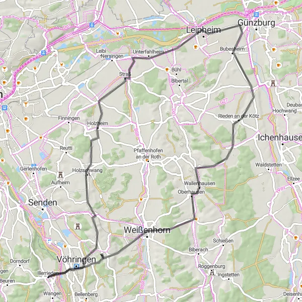 Karten-Miniaturansicht der Radinspiration "Vöhringen - Weißenhorn Roadtrip" in Tübingen, Germany. Erstellt vom Tarmacs.app-Routenplaner für Radtouren