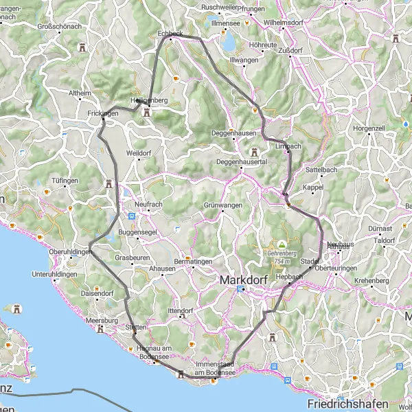 Karten-Miniaturansicht der Radinspiration "Tour um den Bodensee: Hügel und Dörfer" in Tübingen, Germany. Erstellt vom Tarmacs.app-Routenplaner für Radtouren