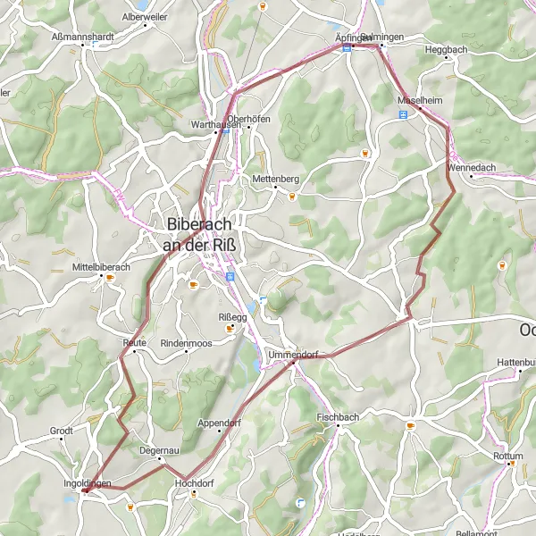 Map miniature of "Gravel Loop through Lindele and Ringschnait" cycling inspiration in Tübingen, Germany. Generated by Tarmacs.app cycling route planner